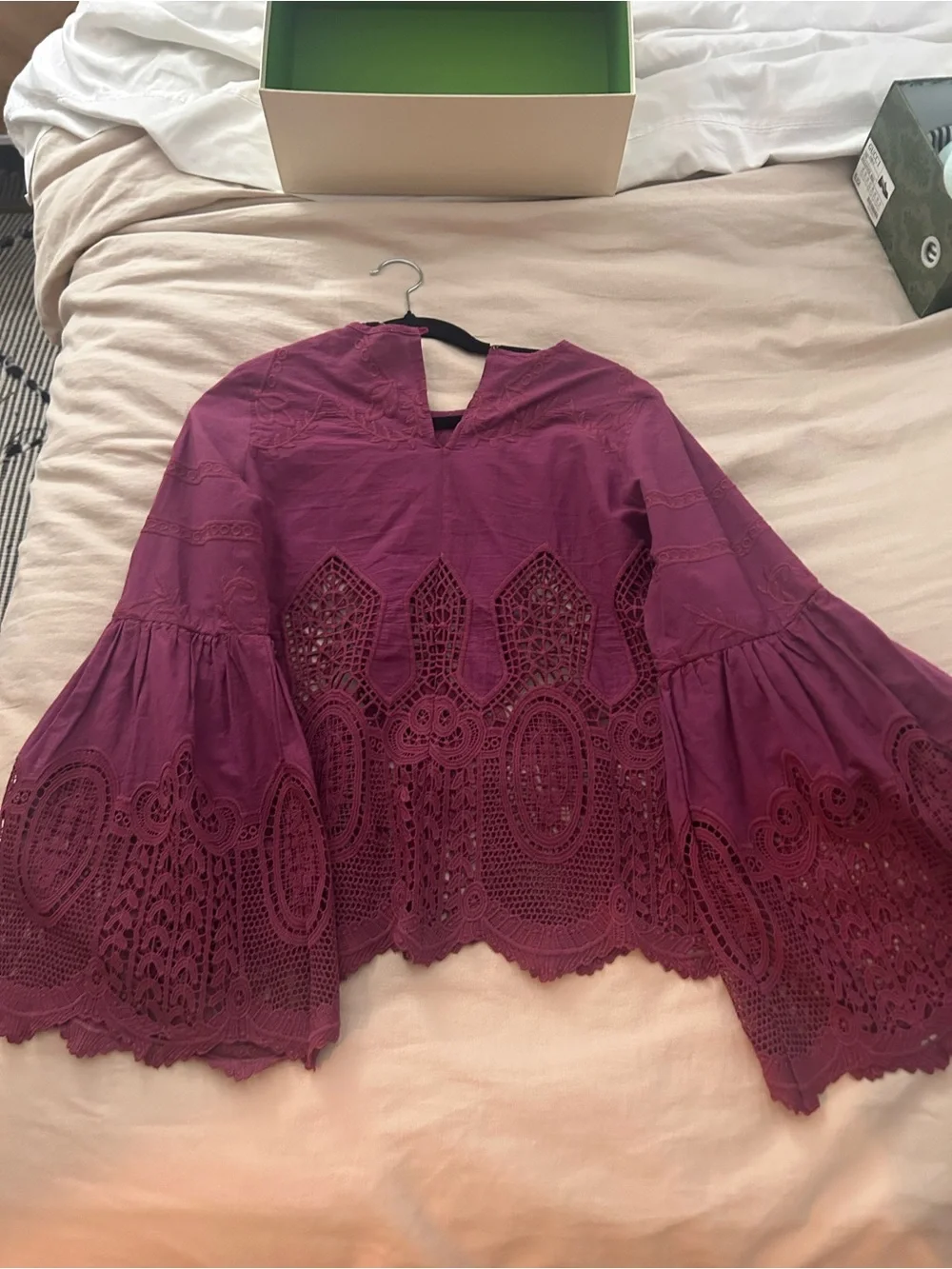 Anthropologie Chloe Liver Lace Crochet Bell-Sleeve Top size XS